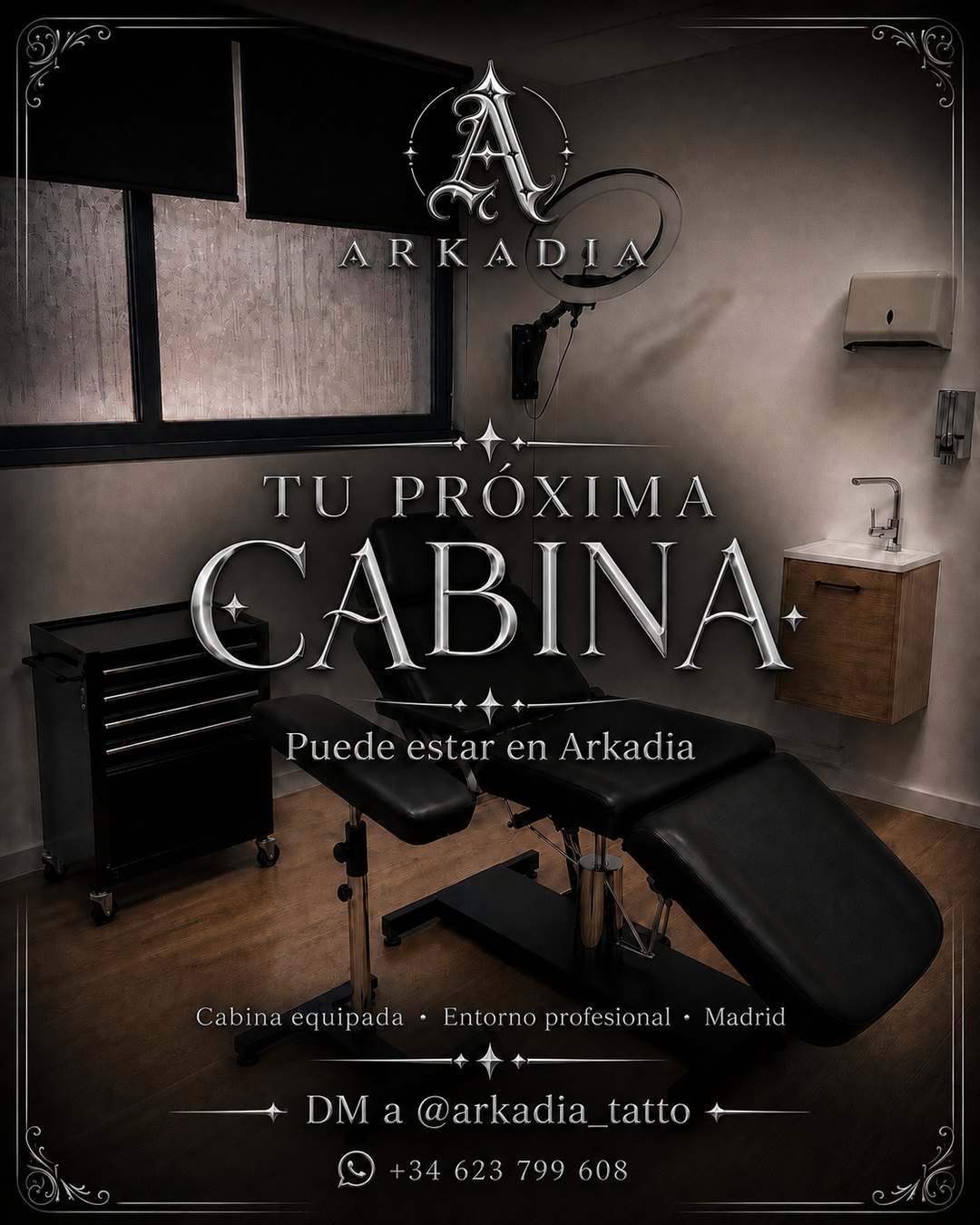Cartel de Arkadia: cabina de tatuaje equipada en alquiler en Ciudad Lineal, Madrid