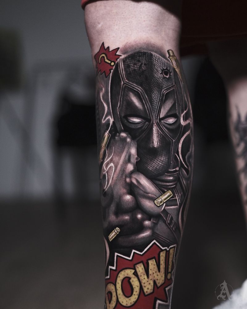 Tatuaje de deadpool en antebrazo, realismo con color